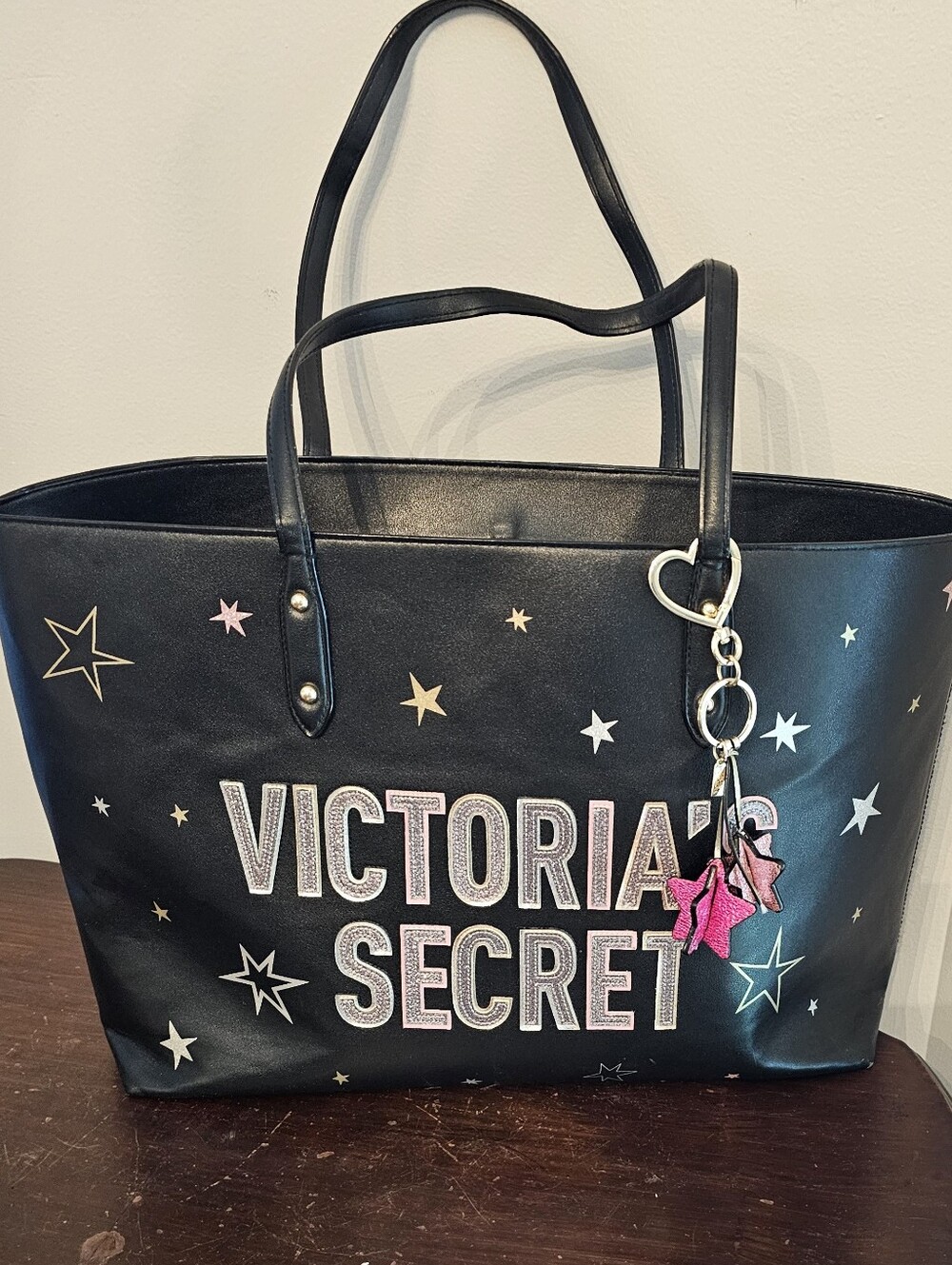 Victoria's Secret Black Logo Tote with Pink Star Key Charm
